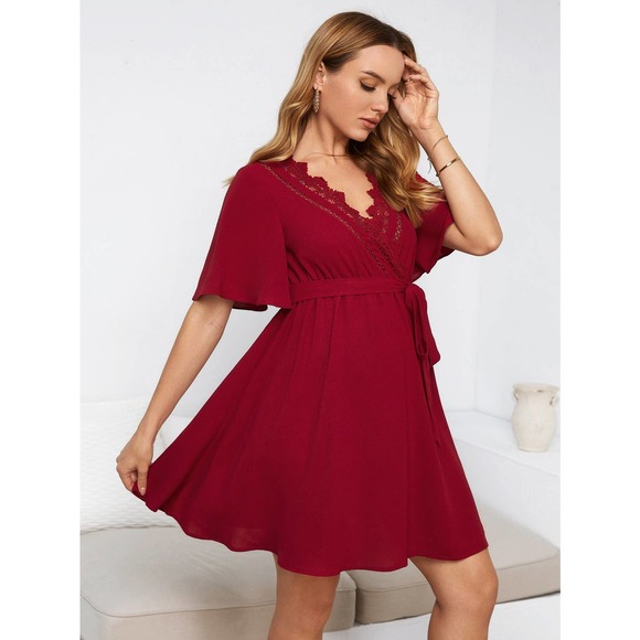 Maternity Contrast Lace v neck short sleeve Belted mini Dress red - Picture 3 of 8